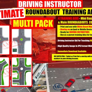 May include: A digital training aid for driving instructors, featuring four different roundabout layouts. The aid is designed to be used with white board markers or on a tablet or mobile device. The text on the image reads "Driving Instructor Roundabout Training Aid - Multi Pack".