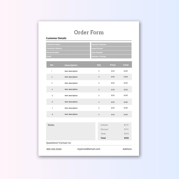 Order Form - Grey - Custom Canva Template - Purchase Form