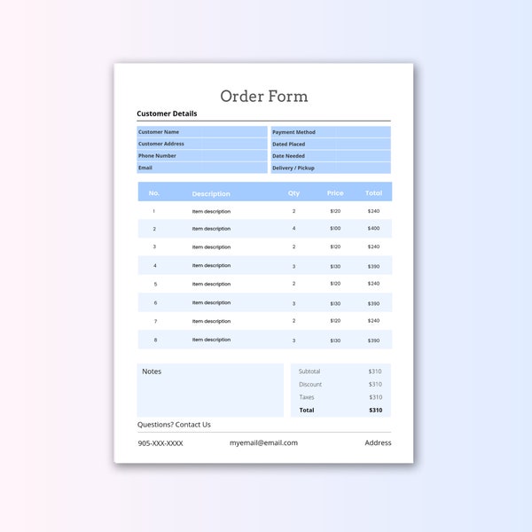 Order Form - Light Blue - Custom Canva Template - Purchase Form