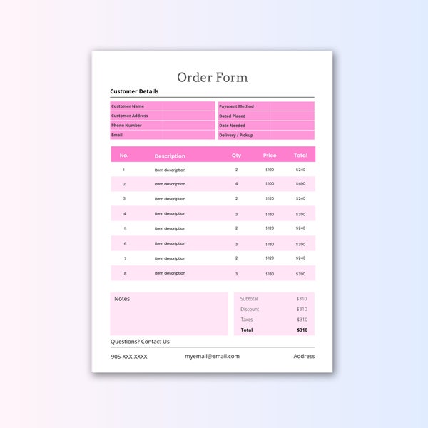 Order Form - Pink - Custom Canva Template - Purchase Form