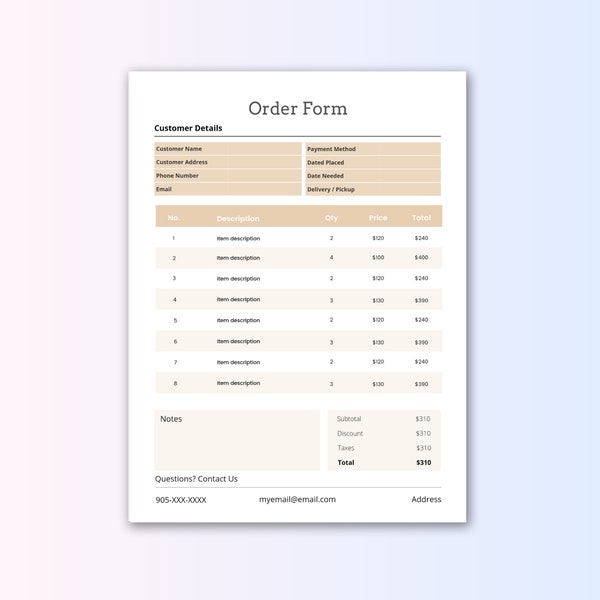 Order Form - Beige - Custom Canva Template - Purchase Form