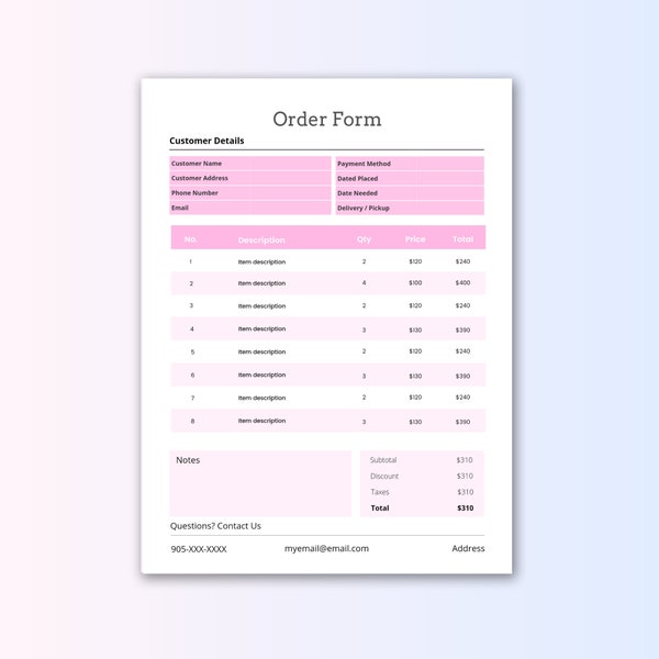 Order Form - Light Pink - Custom Canva Template - Purchase Form