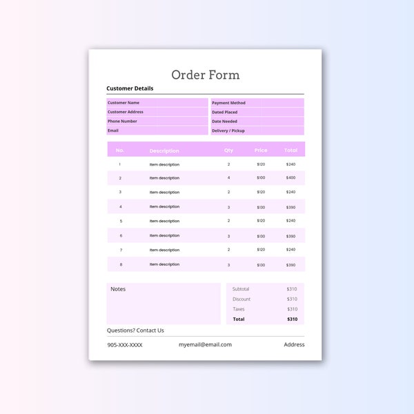 Order Form - Light Purple - Custom Canva Template - Purchase Form