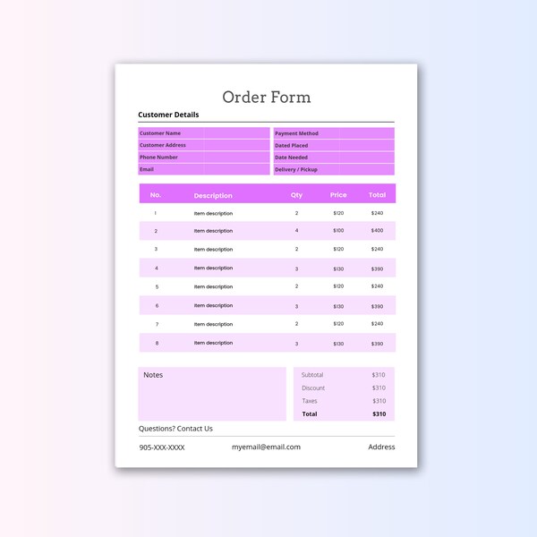 Order Form - Purple - Custom Canva Template - Purchase Form