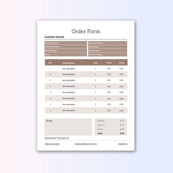 Order Form - Brown - Custom Canva Template - Purchase Form