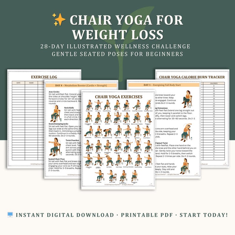 Chair Yoga for Weight Loss 28 Day Challenge, Fat Burning Workout, Low Impact Fitness Plan for Seniors & Beginners, Digital Workout PDF image 1