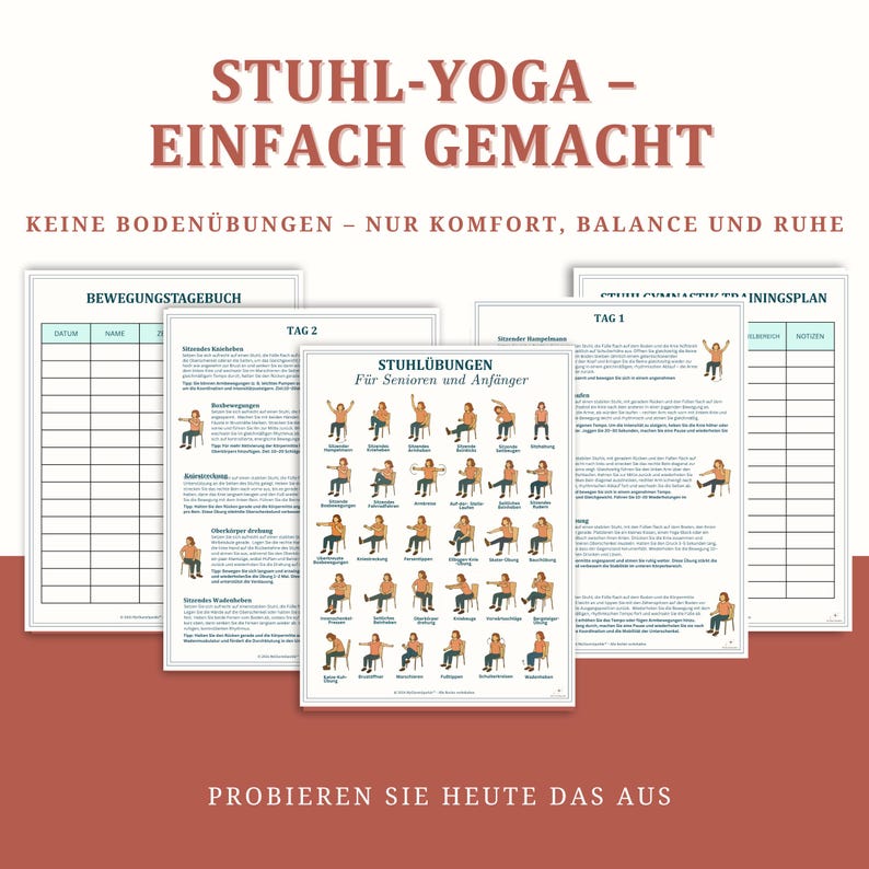 Stuhlyoga zum Abnehmen 28 Tage Trainingsplan, Senioren Fitness & Anfänger Yoga, Workout, Low Impact bungen-poster, Digitaler Planer pdf afbeelding 2