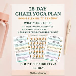 Könnte beinhalten: Ein weißes Papier mit dem Text "28-DAY CHAIR YOGA PLAN" und "Boost Flexibility & Energy". Enthält Übungsillustrationen und den Text "4 Wochen tägliche Übungen" und "Druckbares PDF-Format".