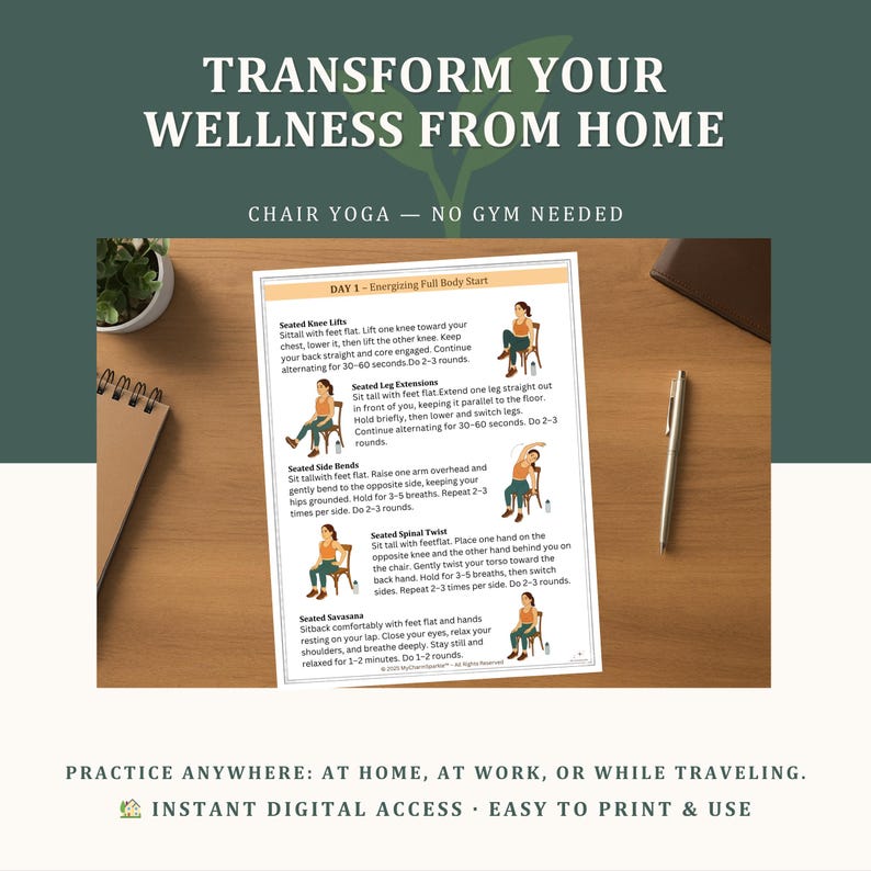 Chair Yoga for Weight Loss 28 Day Challenge, Fat Burning Workout, Low Impact Fitness Plan for Seniors & Beginners, Digital Workout PDF image 8