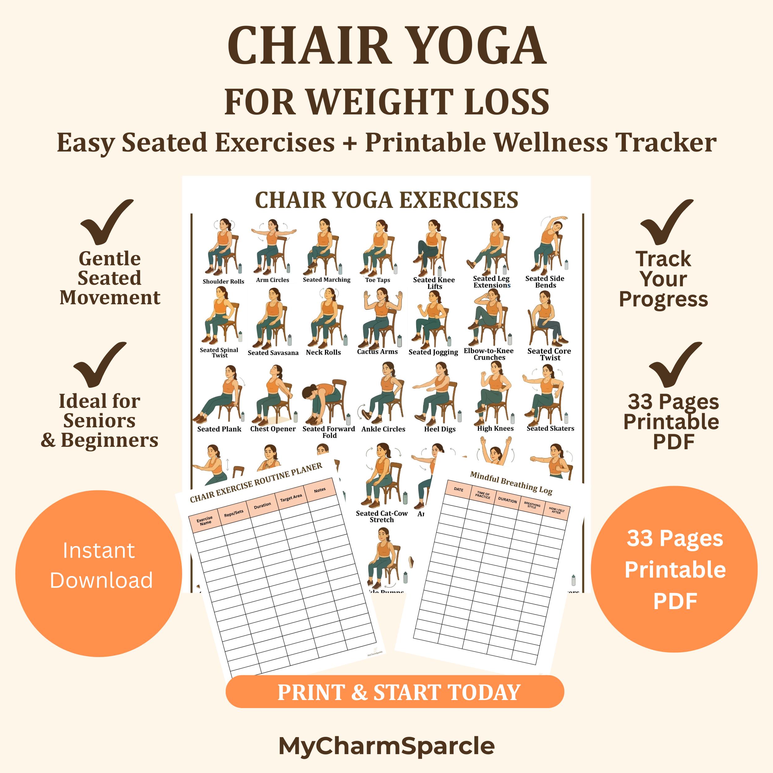 Chair Yoga for Weight Loss: 28-Day Seated Exercise Plan + Wellness Trackers (PDF Download)