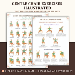Póster imprimible de yoga en silla para personas mayores, folleto de ejercicios sentados para personas mayores, guía de yoga para la movilidad y la fuerza, descarga instantánea de ejercicios en PDF.