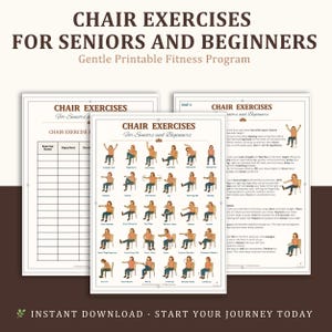 Può includere: Programma di fitness stampabile intitolato "Esercizi sulla sedia per anziani e principianti". Il programma include esercizi illustrati eseguiti da seduti. Il design è nei toni del marrone e del bianco, con il testo "Download istantaneo - Inizia il tuo viaggio oggi".