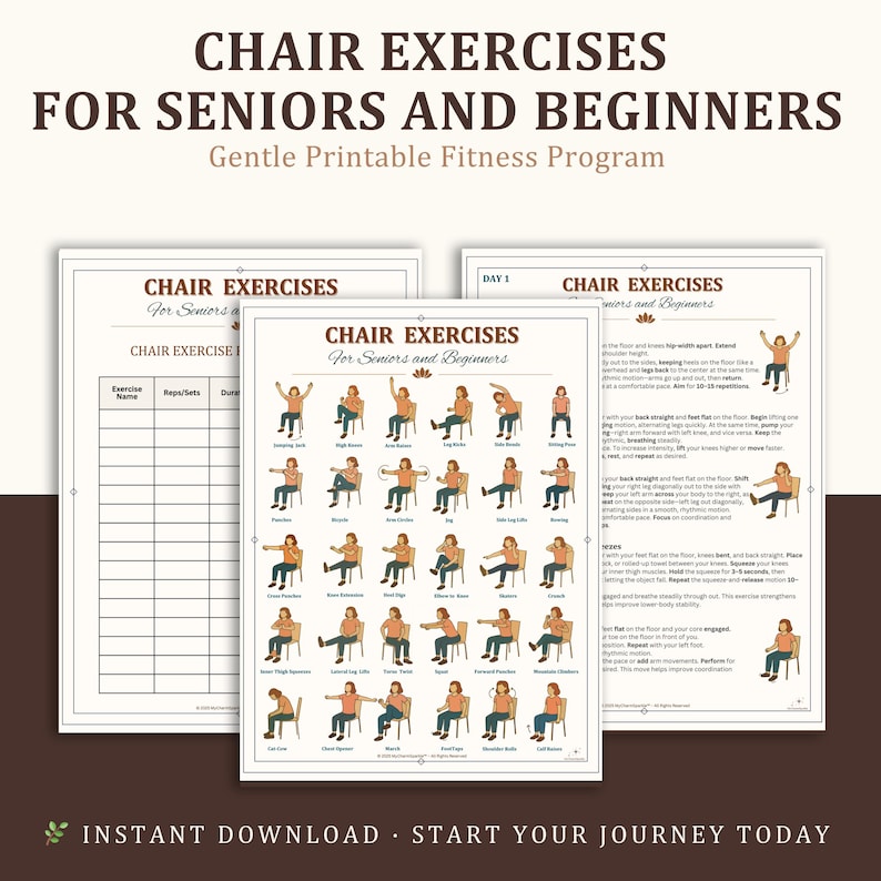 K&ouml;nnte beinhalten: Druckbares Fitnessprogramm mit dem Titel "Stuhl&uuml;bungen f&uuml;r Senioren und Anf&auml;nger". Das Programm enth&auml;lt illustrierte &Uuml;bungen, die im Sitzen durchgef&uuml;hrt werden. Das Design ist in Braun- und Wei&szlig;t&ouml;nen gehalten, mit dem Text "Sofortiger Download - Starten Sie Ihre Reise heute".
