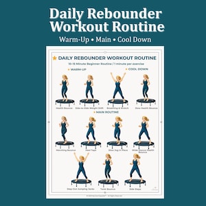 Puede incluir: Un gráfico de rutina de ejercicios titulado "Daily Rebounder Workout Routine" con secciones de calentamiento, principal y enfriamiento. El gráfico ilustra ejercicios como Health Bounce y Side Steps, con texto descriptivo.