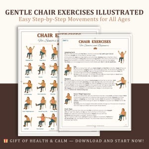 K&ouml;nnte beinhalten: Ein gedruckter Leitfaden mit dem Titel "Gentle Chair Exercises Illustrated" mit Schritt-f&uuml;r-Schritt-Bewegungen f&uuml;r alle Altersgruppen. Der Leitfaden enth&auml;lt Illustrationen von Stuhl&uuml;bungen, darunter Hampelm&auml;nner, Armkreisen und innere Oberschenkelpressen. Der Text enth&auml;lt Anweisungen und Tipps.