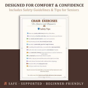 K&ouml;nnte beinhalten: Ein gedrucktes Poster mit dem Text "CHAIR EXERCISES For Seniors and Beginners" und Sicherheitshinweisen. Das Poster enth&auml;lt Richtlinien f&uuml;r sicheres Training, wie z. B. die Verwendung eines stabilen Stuhls und ausreichend Fl&uuml;ssigkeit. Das Poster ist auf Komfort und Selbstvertrauen ausgelegt.