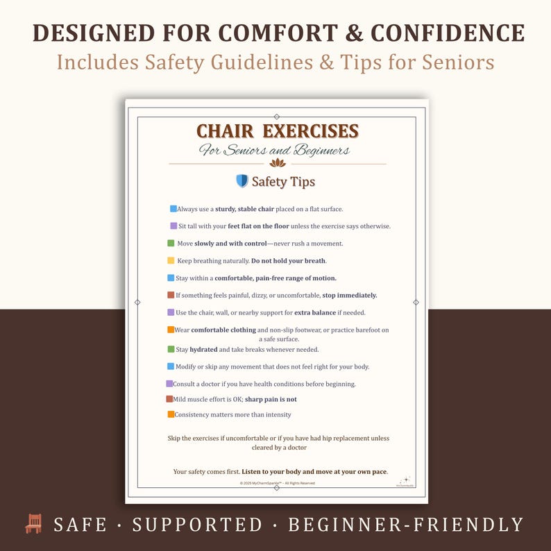 K&ouml;nnte beinhalten: Ein gedrucktes Poster mit dem Text "CHAIR EXERCISES For Seniors and Beginners" und Sicherheitshinweisen. Das Poster enth&auml;lt Richtlinien f&uuml;r sicheres Training, wie z. B. die Verwendung eines stabilen Stuhls und ausreichend Fl&uuml;ssigkeit. Das Poster ist auf Komfort und Selbstvertrauen ausgelegt.