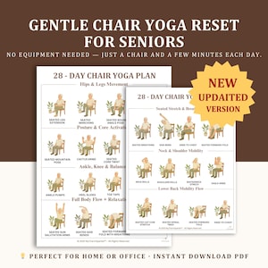 Stuhl Yoga-Programm für Anfänger & Senioren, Sitz-Stärke und Gelenkgesundheitsplan, einfache tägliche Beweglichkeits-Challenge, digitales Workout-PDF