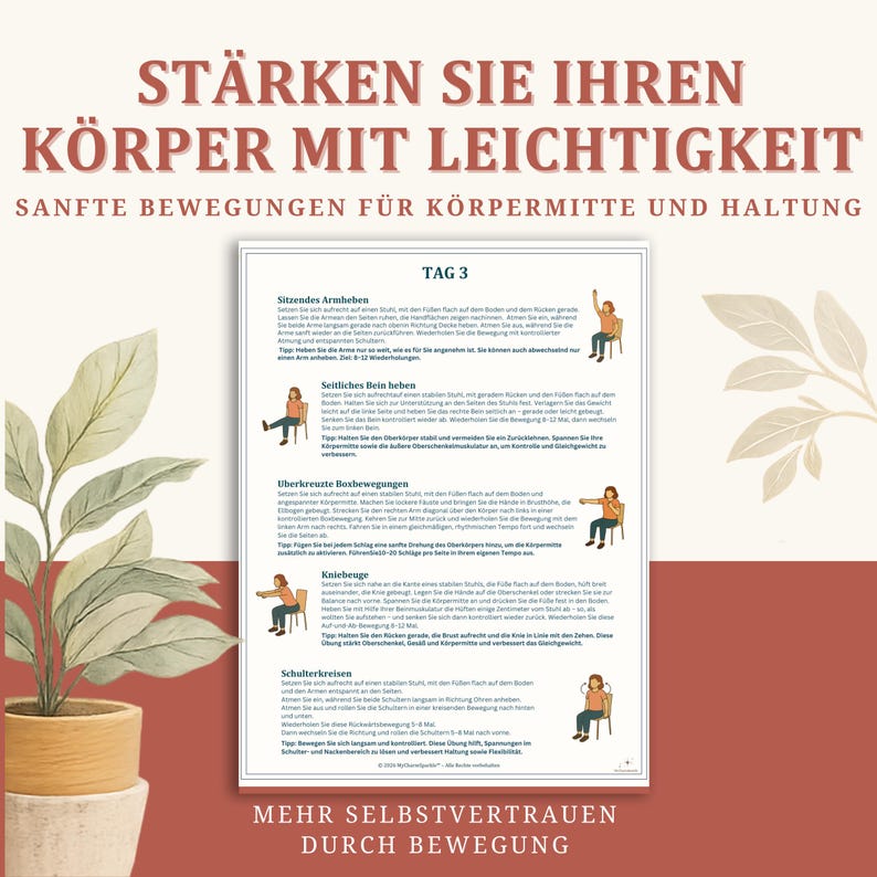 Stuhlyoga zum Abnehmen 28 Tage Trainingsplan, Senioren Fitness & Anfänger Yoga, Workout, Low Impact bungen-poster, Digitaler Planer pdf afbeelding 8