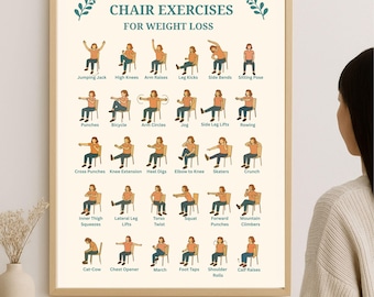 May include: A framed poster displaying chair exercises for weight loss, with illustrations of various exercises such as Jumping Jack, High Knees, Arm Raises, and Leg Kicks. The poster is in a wooden frame, suitable for home or gym use.