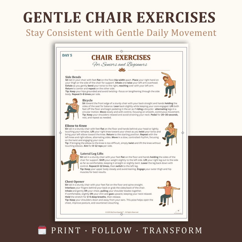 K&ouml;nnte beinhalten: Ein gedruckter Leitfaden mit dem Titel "GENTLE CHAIR EXERCISES" mit Anweisungen f&uuml;r Senioren und Anf&auml;nger. Der Leitfaden enth&auml;lt Illustrationen und Beschreibungen f&uuml;r &Uuml;bungen wie Seitbeugen, Fahrradfahren, Ellbogen zum Knie, seitliches Beinheben und Brust&ouml;ffner. Der Text "PRINT FOLLOW TRANSFORM" steht unten.