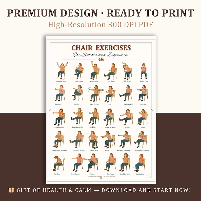 K&ouml;nnte beinhalten: Ein Poster mit dem Text "CHAIR EXERCISES For Seniors and Beginners" und Illustrationen von &Uuml;bungen. Das Poster hat einen cremefarbenen Hintergrund mit braunem Text und Illustrationen. Oben auf dem Poster steht "PREMIUM DESIGN - READY TO PRINT".