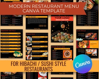 Hibachi / Sushi Restaurant Menü Vorlage, Bearbeitbare Canva Vorlage, Werbe Flyer Restaurant Vorlagen, Schwarz & Rot Modernes Menü Design