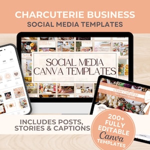 Charcuterie Board Business Social Media Templates: 200+ IG Posts & Stories, FB Cover Images, Highlight Reel Covers (Editable Canva Template)