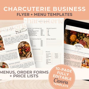 Plantilla de formulario de pedido y menú de charcutería editable, lista de precios de menú de tabla de charcutería, plantilla de paquete promocional para negocios de charcutería
