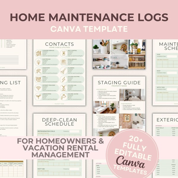 Home Maintenance Tracker: schoonmaaklijst, hulpmiddel voor verhuurbeheer, ensceneringsgids (bewerkbare canva-sjabloon)