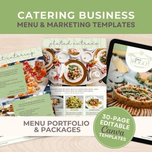 Könnte beinhalten: Eine Sammlung von Menü- und Marketingvorlagen für Catering-Unternehmen. Das Bild zeigt Menübeispiele, darunter Event-Catering und Hauptgerichte. Der Text enthält "Menu Portfolio & Packages" und "30-Page Editable Canva Templates."