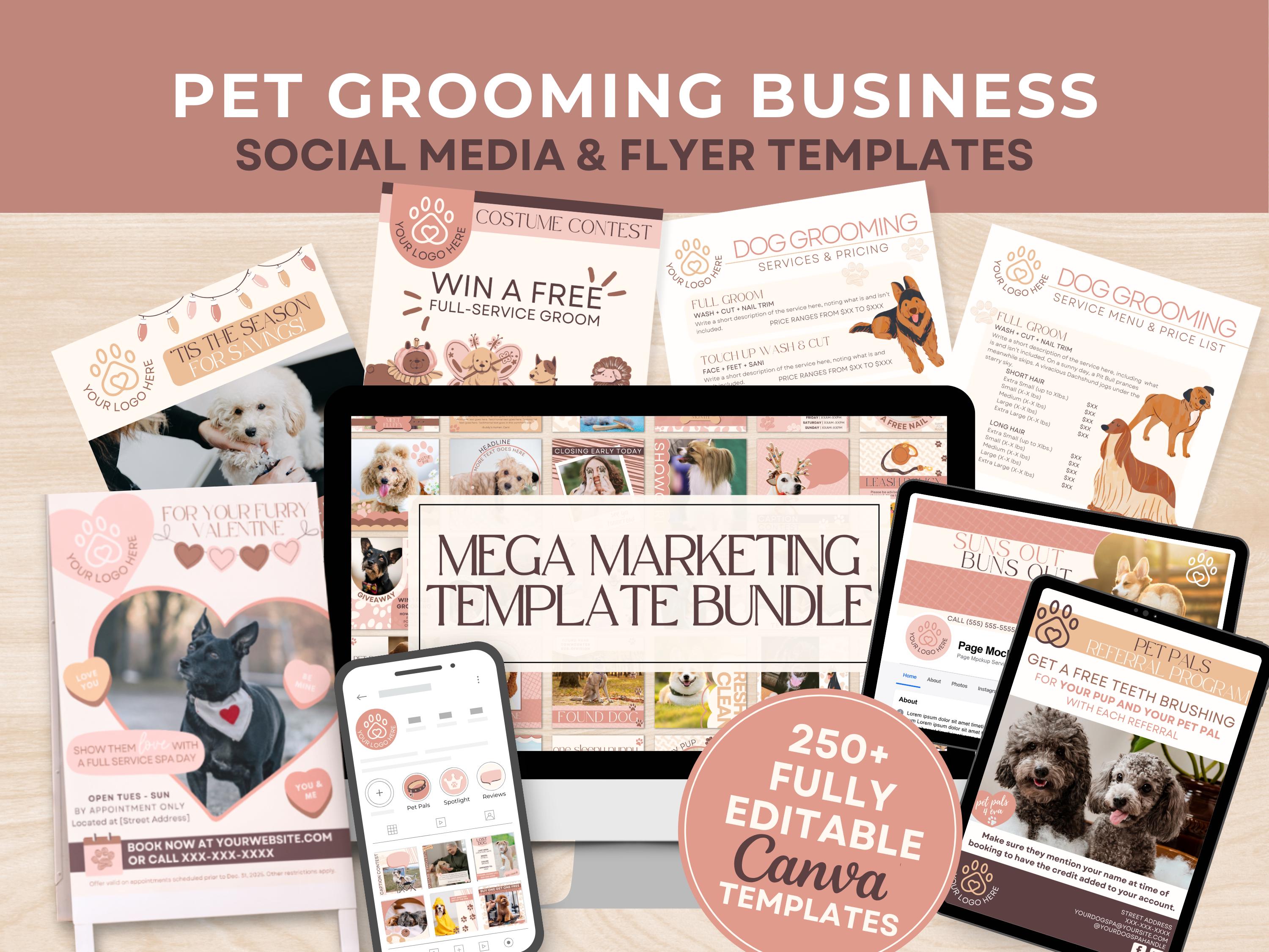 Hundefriseur MEGA Marketing Paket, Preisliste für Haustierpflege Canva Vorlage, Social Media Instagram Vorlagen & Beschriftungen, Schild/Flyer Vorlagen