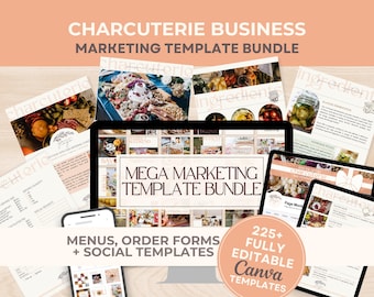 Zestaw szablonów marketingowych dla branży wędliniarskiej: menu, cennik, formularze zamówień, posty i historie w mediach społecznościowych (edytowalny szablon Canva)