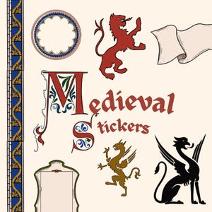 Puede incluir: Una colección de pegatinas que incluye un león rojo, un grifo dorado, un grifo negro, un borde azul y dorado, un marco circular, un pergamino en blanco y un escudo en blanco. El texto "Medieval Stickers" está escrito en una fuente roja.