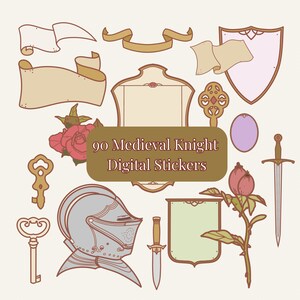 May include: A set of 90 digital stickers featuring medieval knight themed illustrations. The stickers include a knight's helmet, keys, scrolls, shields, banners, roses, and a sword. The stickers are in a cartoon style with a vintage color palette.