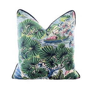 Thibaut Pagoda Trees Lavender, Blue and Green, Thibaut Asian Pillow Cover, Designer Pillow Cover, Chinoiserie Pillow Cover with Piping