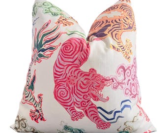 Chinoiserie Tiger Pillow Cover, Himalayan Chinese Dragon Accent Pillow, Designer Asian Throw Pillow