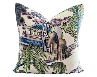 Thibaut Asian Scenic Pillow Cover, Green Purple Blue Pagoda Design