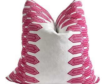 Embroidered Pink Pillow Cover, Thibaut Nola Stripe, High End Lumbar Pillow