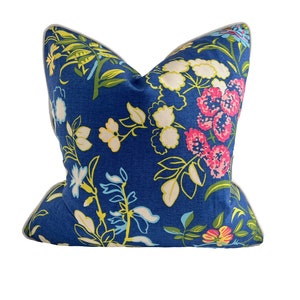 Thibaut Spring Garden Pillow Cover, Chinoiserie Pillow Cover, High End Pillow, Colorful Navy Throw Pillow, Blue Asian Pillow with Piping