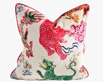 Tiger Pillow Cover, Chinoiserie Pillow Cover in Velvet, Green and Pink Tigers, Tibet Pillow, Designer Foo Dog Pillow, Tiger Lumbar Pillow