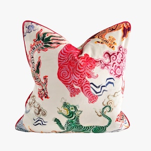 Tiger Pillow Cover, Chinoiserie Pillow Cover in Velvet, Green and Pink Tigers, Tibet Pillow, Designer Foo Dog Pillow, Tiger Lumbar Pillow