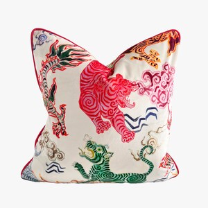 Tiger Pillow Cover, Chinoiserie Pillow Cover in Velvet, Green and Pink, Tibet Pillow, Designer Foo Dog Pillow, Tiger Lumbar Pillow