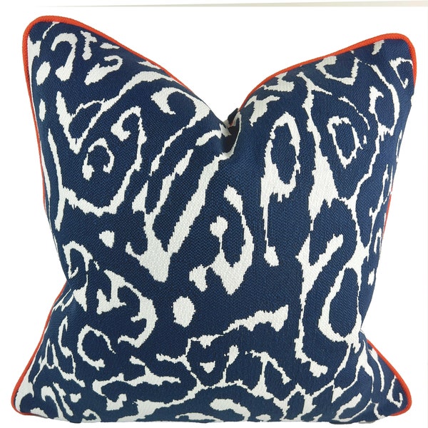Navy Outdoor Pillow, Indoor Outdoor Toss Pillow Cover, Decorative Navy and White Mod Pillow Cover with Orange Piping, Squiggle Pillow