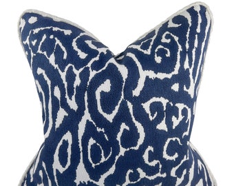 Navy Outdoor Pillow, Indoor Outdoor Mod Pillow Cover, Decorative Squiggle Pillow, Textured Pillow with White Piping, Eco Friendly Fabric
