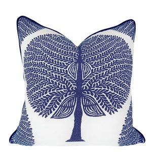 Thibaut Pillow Cover, Mulberry Tree Pillow Cover, Lux Throw Pillows, Blue and White Mod Pillow Cover, Thailand Pillow with Contrast Piping