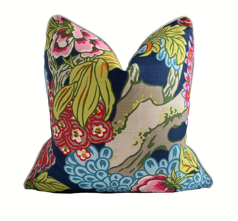 Thibaut Honshu Pillow Cover, Chinoiserie Pillow, Colorful Navy Throw