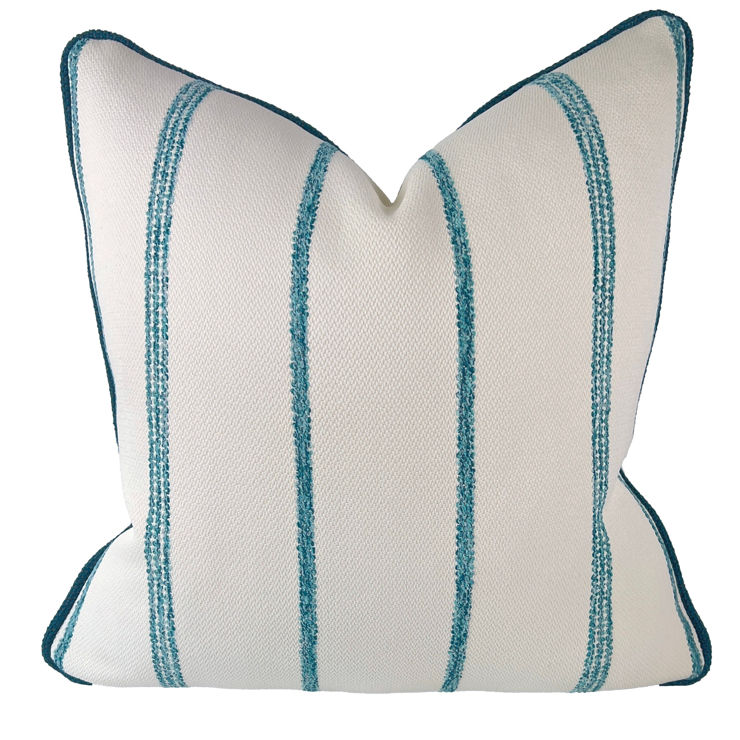 Aqua Outdoor Pillow Cover, Indoor Outdoor Mod Pillow Cover, Aqua Embroidered Striped Designer Pillows, Nautical Outdoor Pillows with Piping