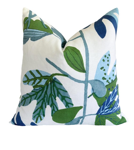 Thibaut Matisse Leaf Pillow Cover in Blue Green, Aqua Navy Green Throw Pillow, Floral Bedroom Sham, Colorful Designer Accent Cushion