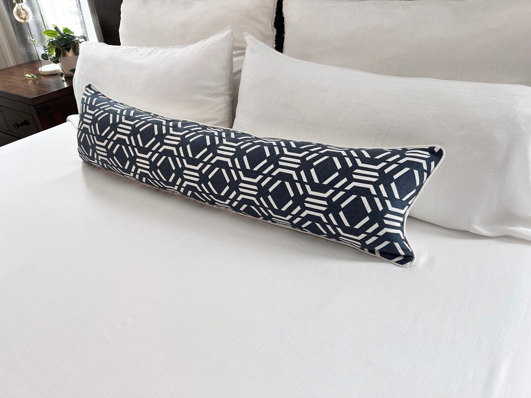 King Lumbar Pillow, White & Navy Lumbar Pillow, Extra Long Lumbar